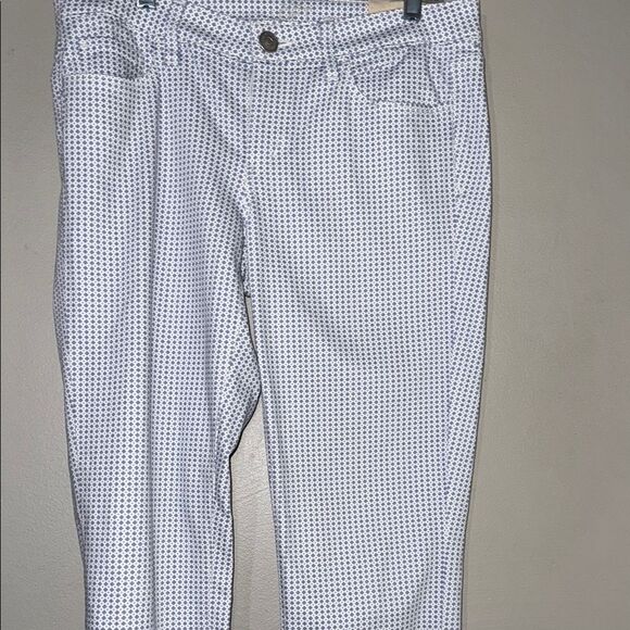 LOFT White Skinny Ankle Pants with Blue Pattern - Picture 6 of 9